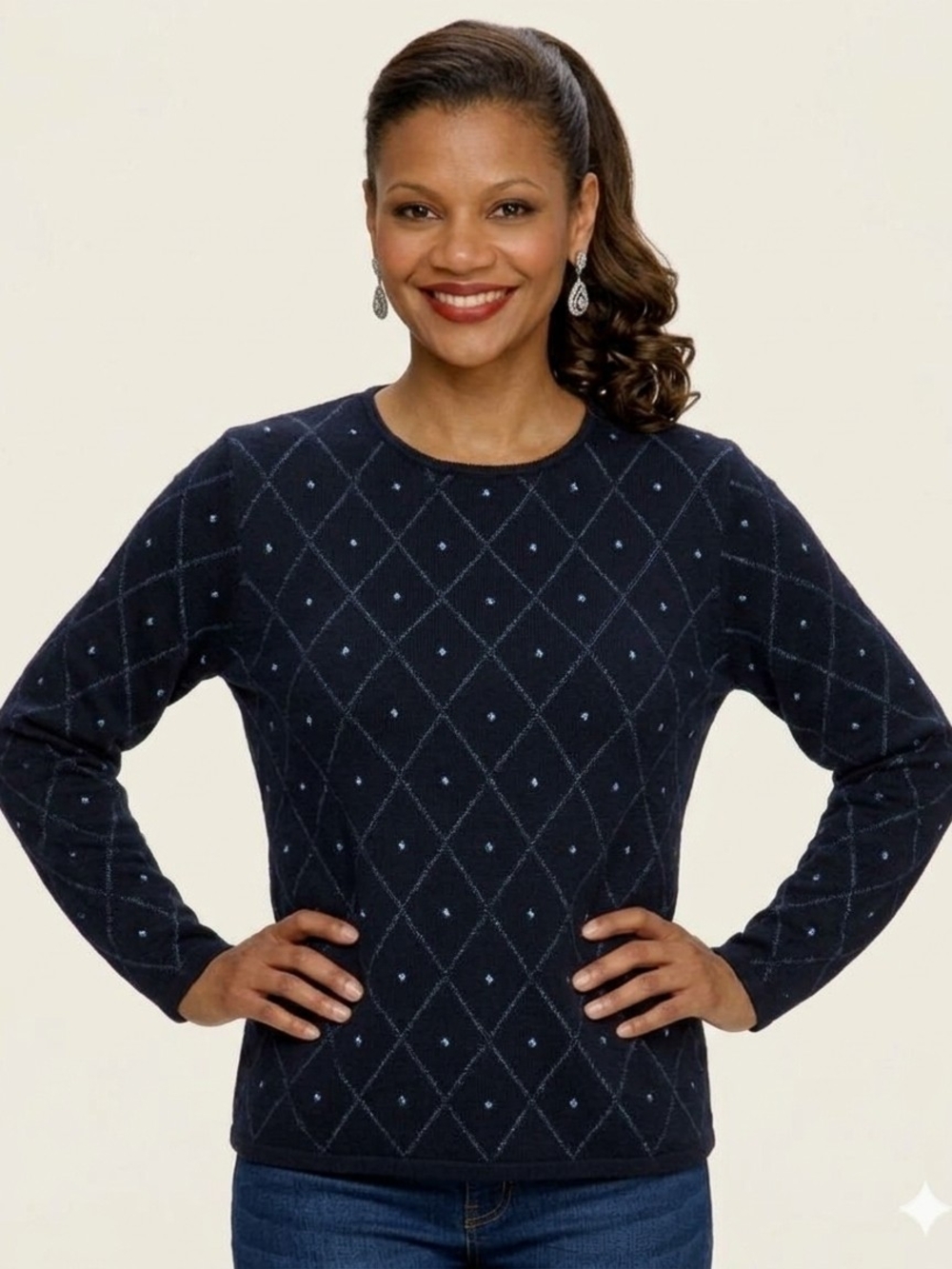 Women's Black with Blue Diamond-Point Crewneck Sweater